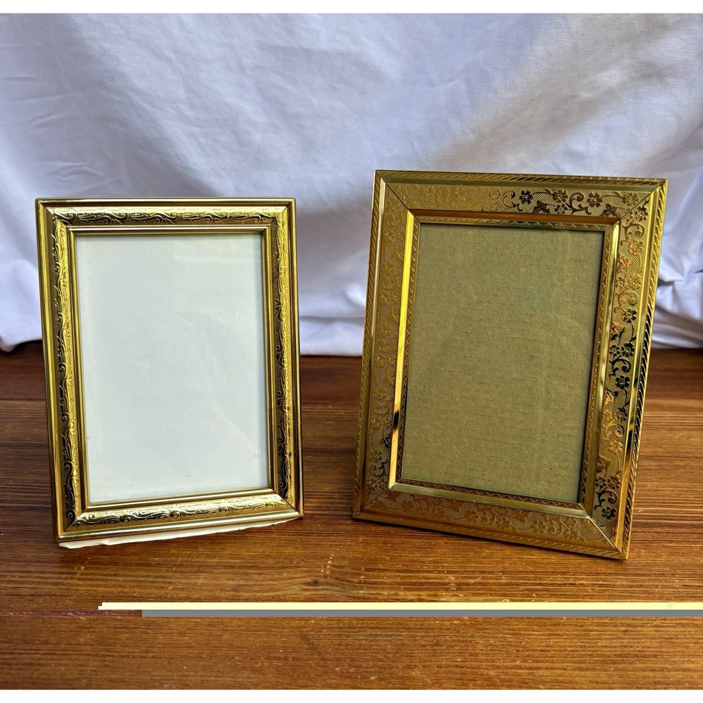 2pc Gold Tone Small Picture Frame Set Ornate Decorative Vintage Style